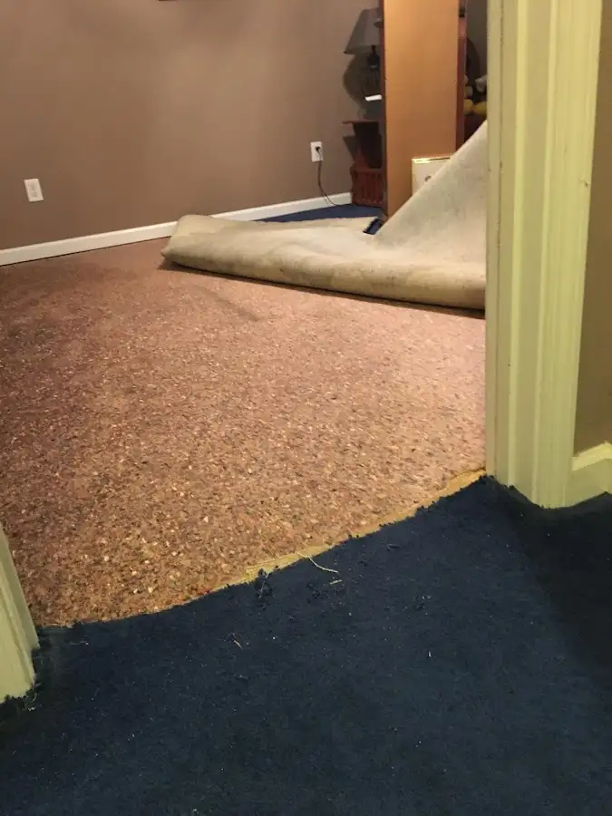 Carpet pad removal revealing water damage during Drying & Dehumidification in Wells
